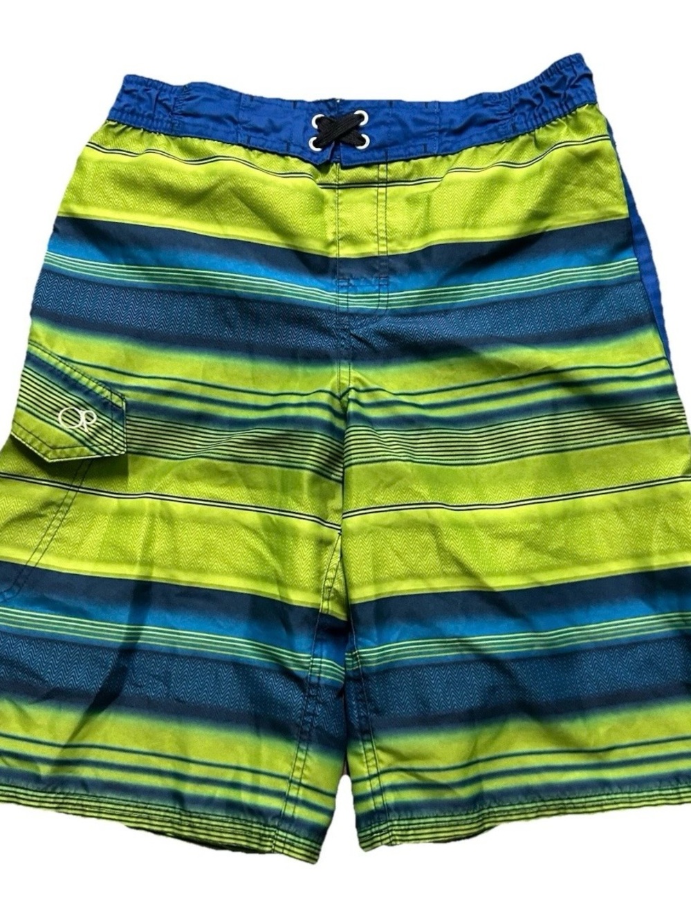 Boy’s OP Green Blue Striped Swim Trunks Size XL (14/16) Beach